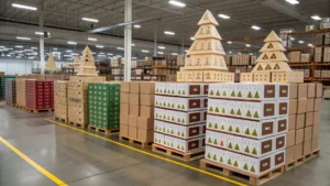 Stacks of packaged wooden advent calendars in a warehouse, ready for shipping
