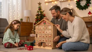 A family gathered around a wooden advent calendar, placing a small gift in a drawer