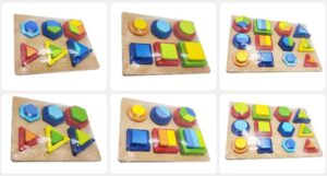 Hot selling kids toy 18pcs teaching geometric cognitive shapes puzzle wooden