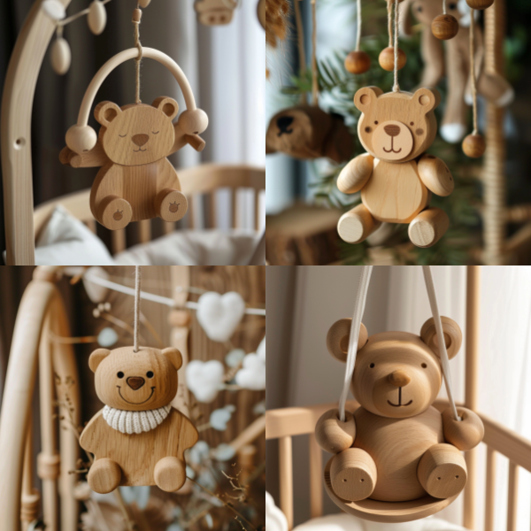 The Dangling Figure Wooden Bear Stroller & Crib Toy is a delightful and versatile toy that offers numerous benefits for babies and toddlers. Here's why it's a fantastic choice: Handcrafted Quality: Crafted from high-quality, natural wood, this toy is sturdy, durable, and built to last. The handcrafted design adds a touch of artisanal charm, making it a beautiful addition to any nursery or playroom. Safe and Non-Toxic: The use of natural wood ensures that this toy is safe for babies to play with and chew on. Parents can have peace of mind knowing that their child is interacting with a toy made from safe materials. Dual Functionality: This toy serves as both a stroller and a crib toy, offering versatile play options for babies and toddlers. It can be easily attached to a stroller or crib, providing entertainment and stimulation while on the go or during rest time. Sensory Stimulation: The colorful bear figure and dangling elements of the toy engage babies' senses, encouraging visual and tactile exploration. The gentle movement of the toy as it sways stimulates babies' curiosity and promotes sensory development. Motor Skills Development: Babies can reach out and grasp the wooden bear and dangling toys, helping to develop their fine motor skills and hand-eye coordination. As they interact with the toy, they strengthen the muscles in their hands and fingers. Imaginative Play: The whimsical design of the bear figure sparks imaginative play, allowing babies to create their own stories and adventures. Whether pushing the toy in a stroller or playing with it in the crib, children can engage in imaginative play that fosters creativity and cognitive development. Easy to Clean: The smooth surface of the wooden figure and detachable toys makes them easy to clean with a damp cloth, ensuring that the toy remains hygienic and safe for babies to play with. Overall, the Dangling Figure Wooden Bear Stroller & Crib Toy offers a blend of beauty, functionality, and developmental benefits that make it a beloved toy for babies and toddlers. It provides endless opportunities for play, learning, and exploration, making it a cherished addition to any child's toy collection.