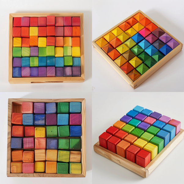 Rainbow Wooden Cubes - 36 Blocks with Tray