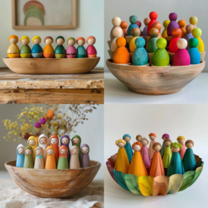 Rainbow Wooden Peg Dolls in Bowls