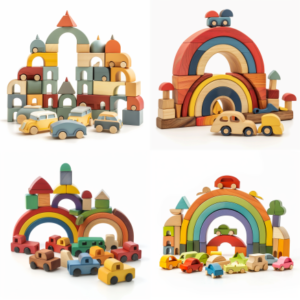 Wooden Rainbow Blocks and Cars Building Set