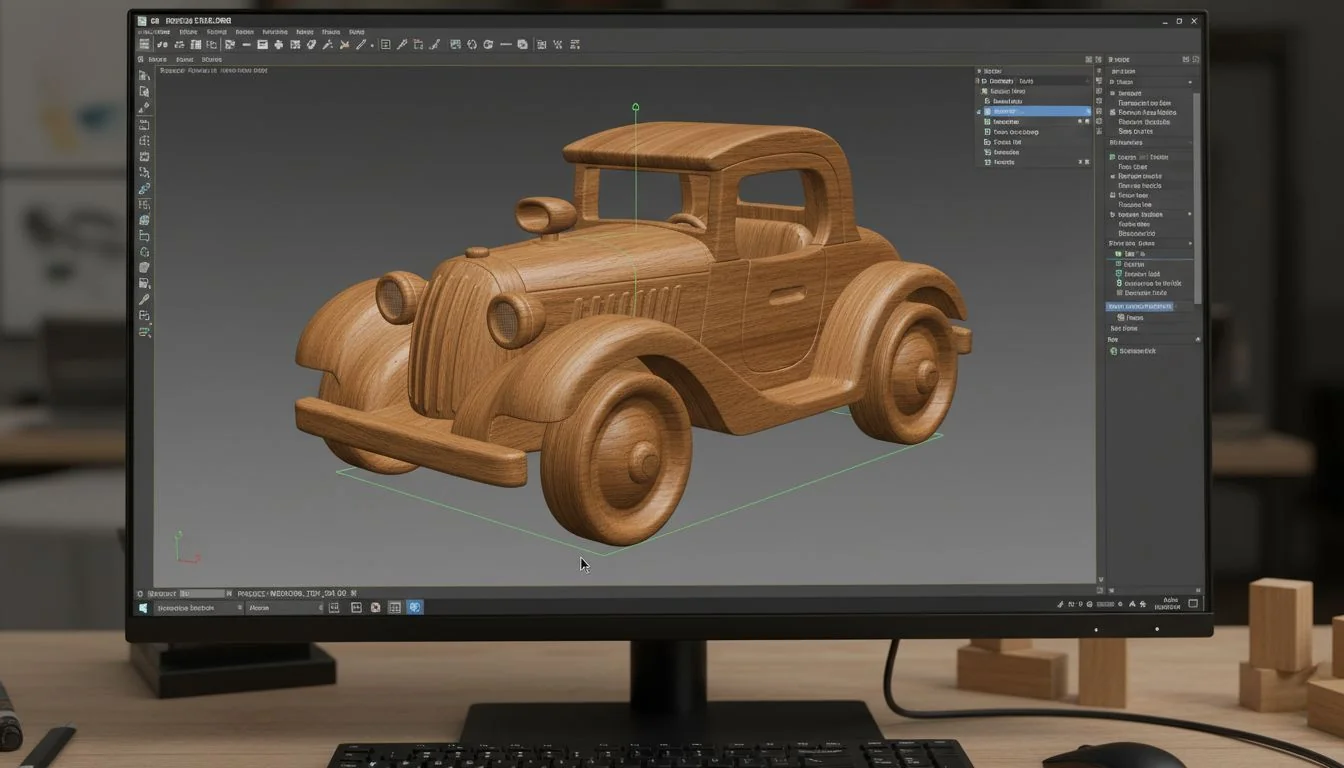 3D CAD Design for Wood Toys A computer screen showing a 3D CAD model of a wooden toy train.