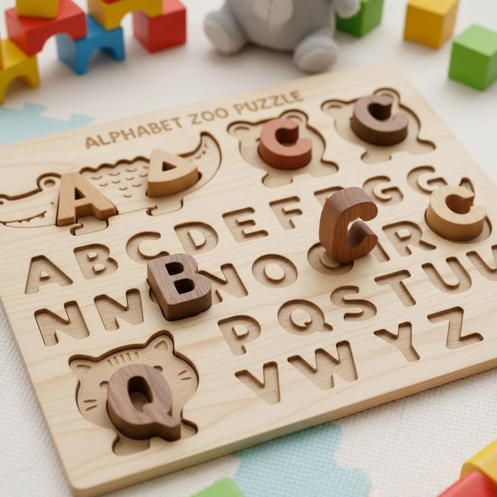 A wooden puzzle where the pieces are shaped like the letters of the alphabet, fitting into a corresponding animal shape.