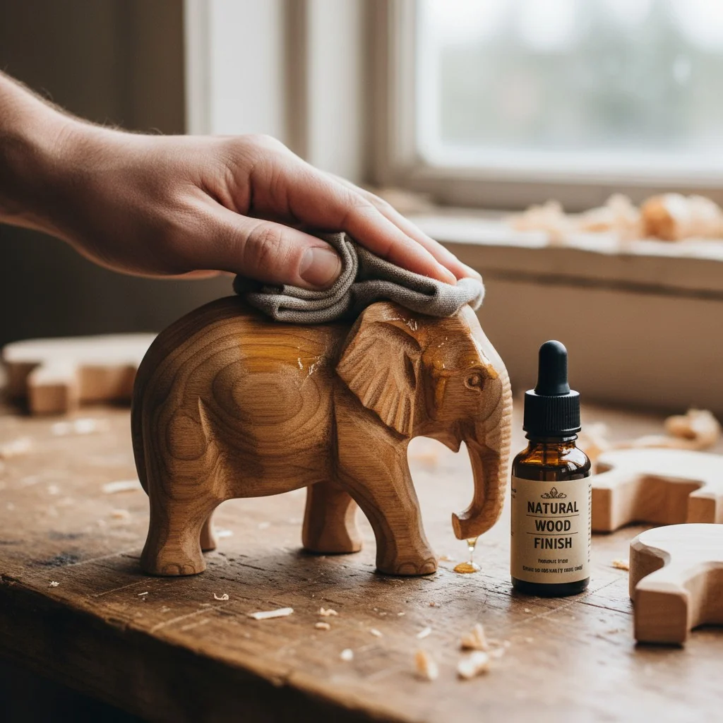 Close-up shot of a hand applying oil to a wooden toy animal