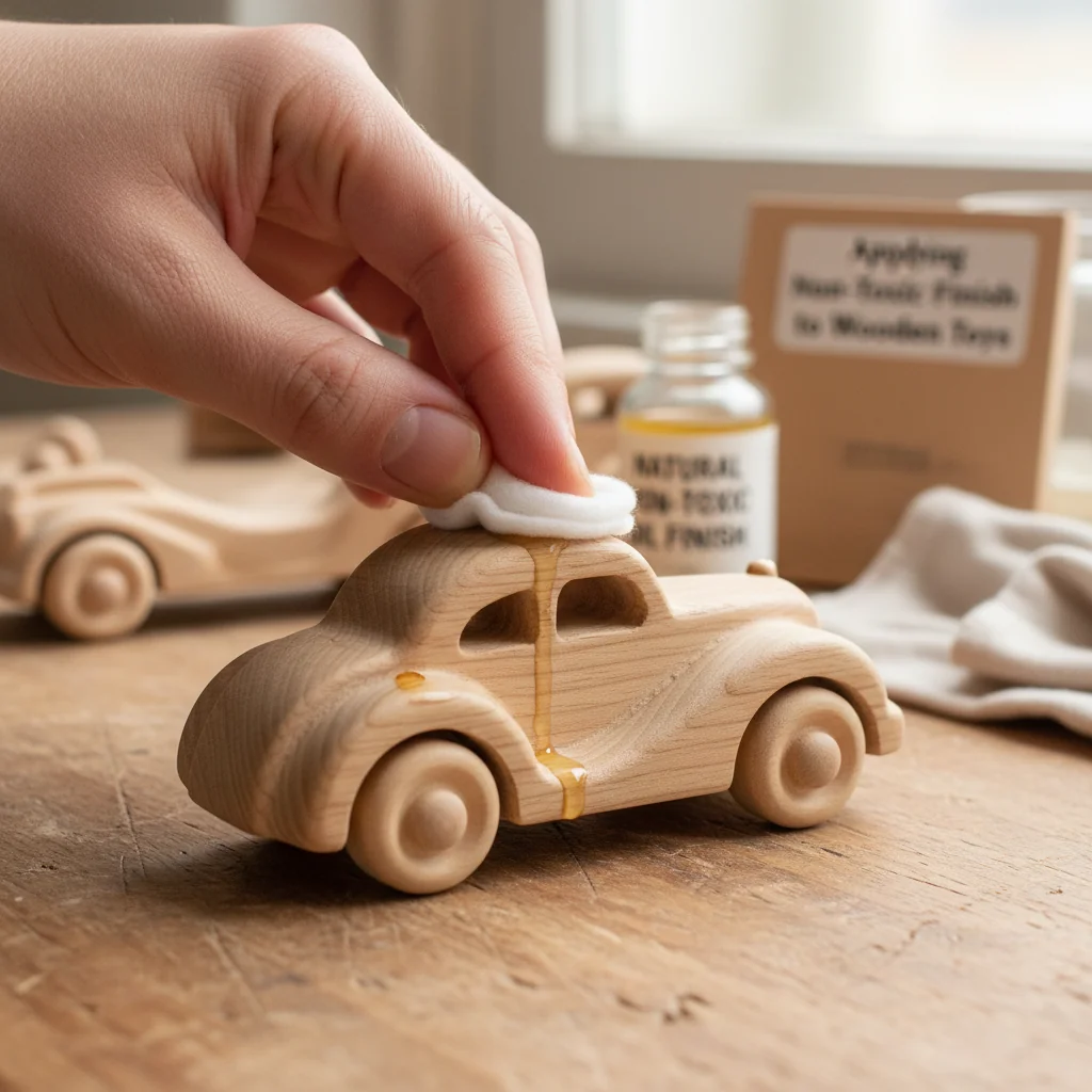 Close-up of a hand applying a natural oil finish to a wooden toy car