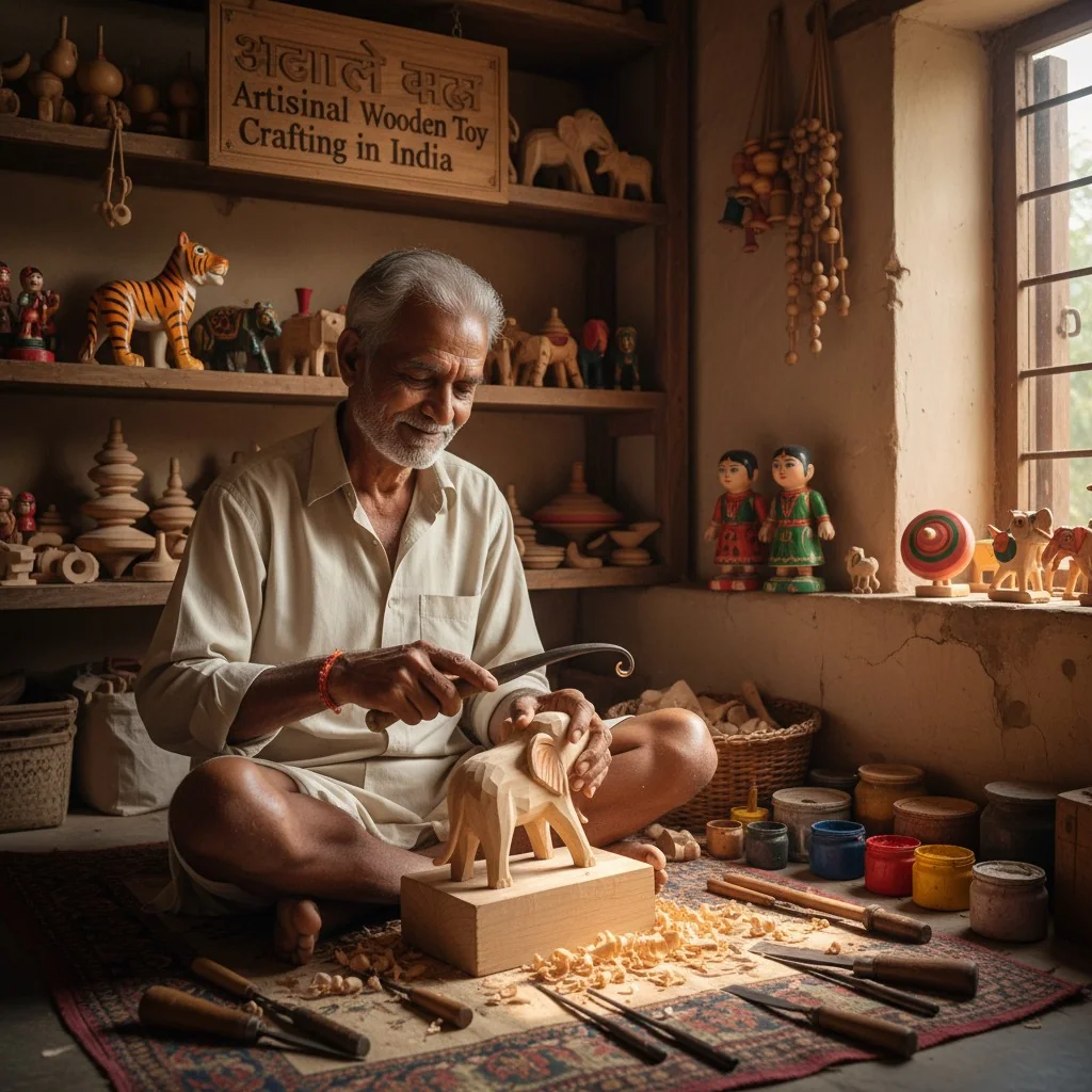 Indian artisan hand-crafting a wooden toy