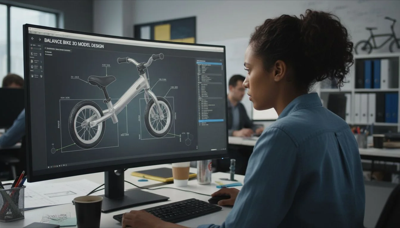 An engineer reviewing a 3D model of a balance bike on a computer