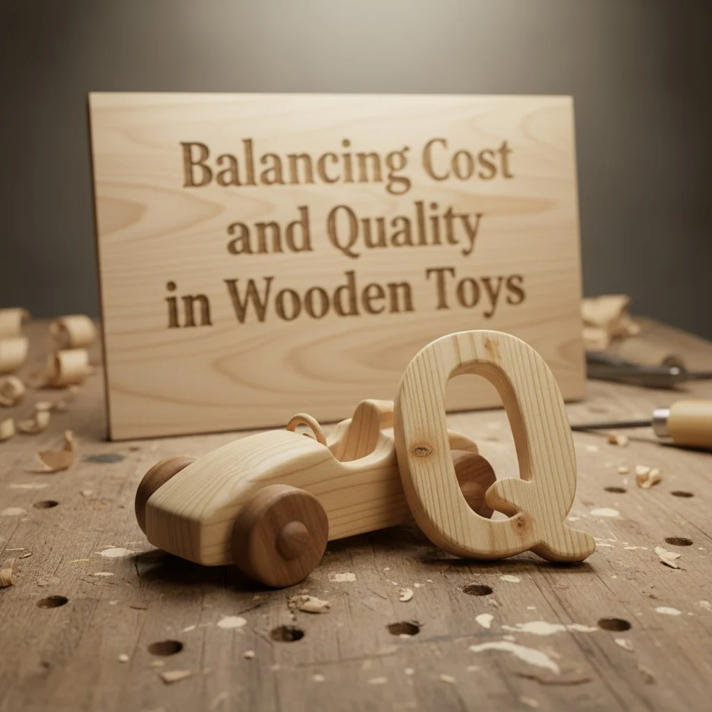 A wooden toy car made from Maple wood next to a decorative wooden alphabet letter made from Pine.