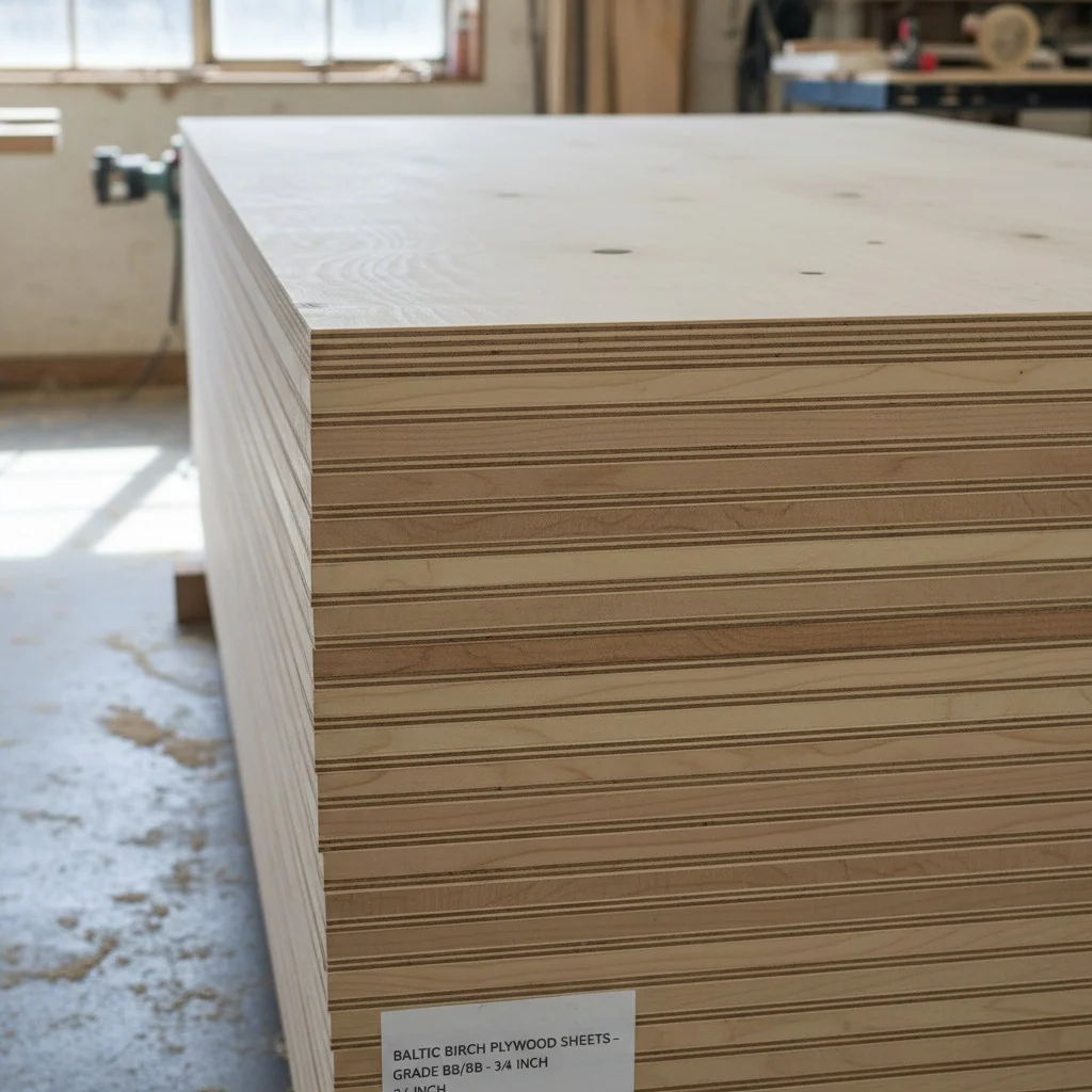 A stack of high-grade Baltic Birch plywood sheets showing clean edges