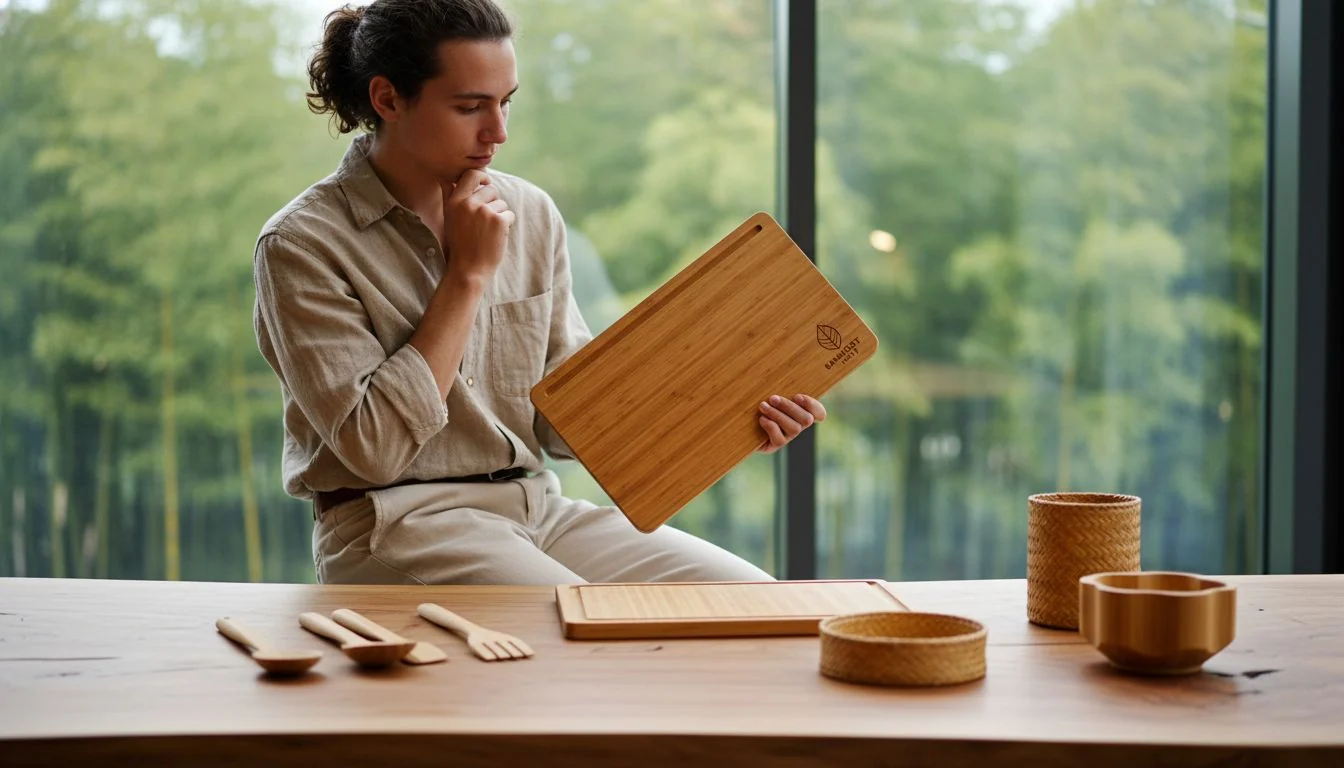 A person holding and examining a high-quality bamboo product sample.