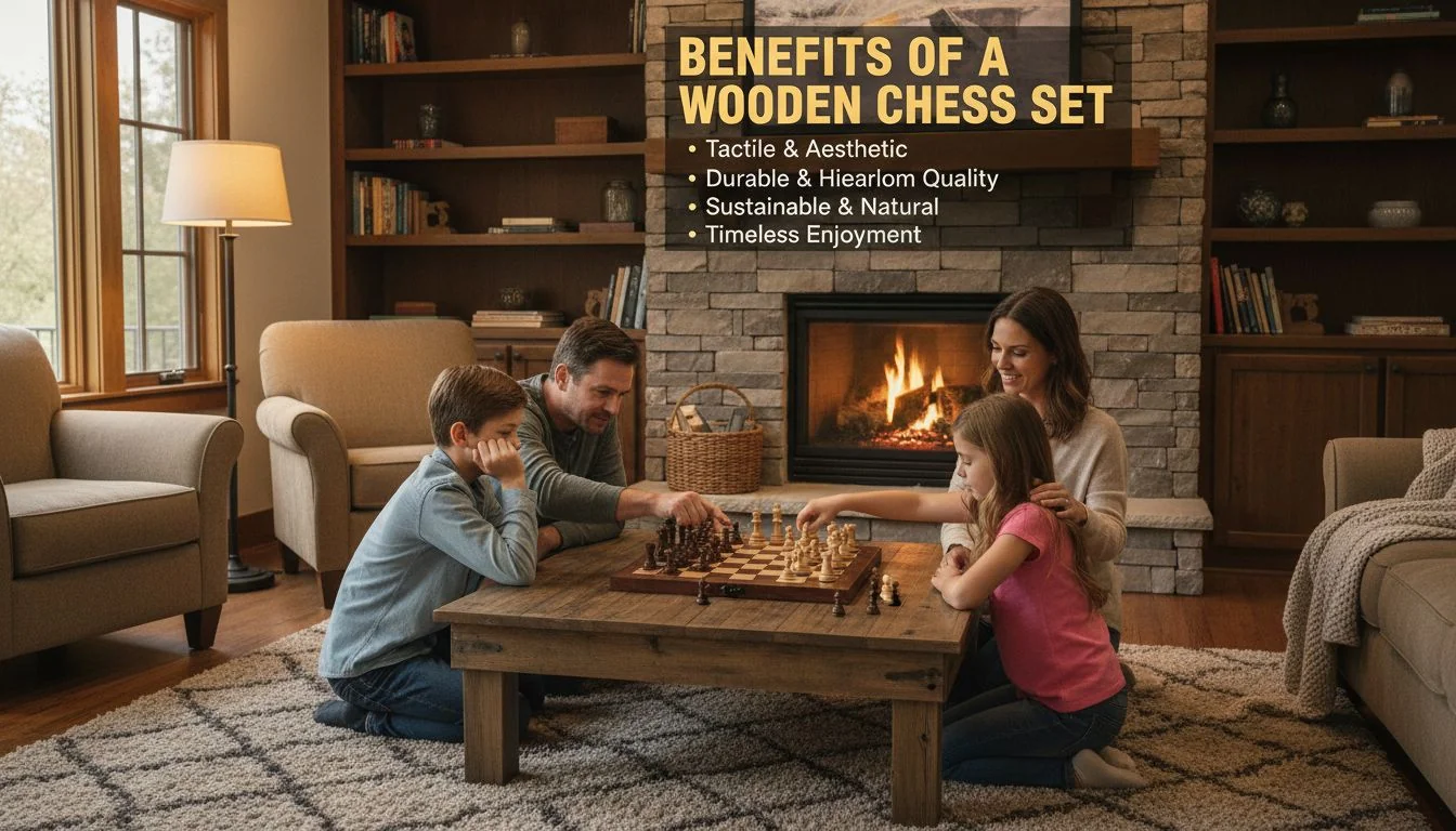 Benefits of a Wooden Chess Set A family playing with a wooden chess set in a cozy living room.