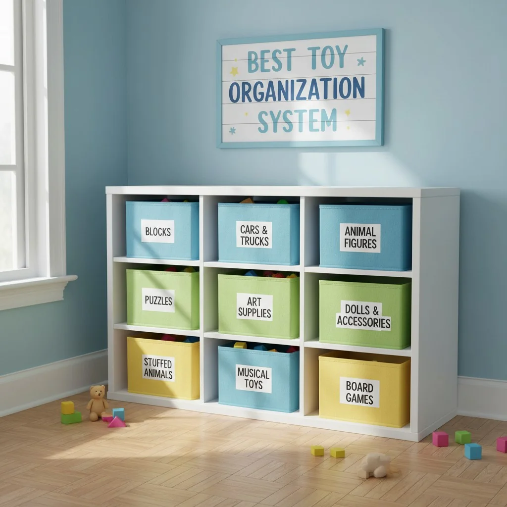 Low, open shelving with clearly labeled bins for different types of toys.