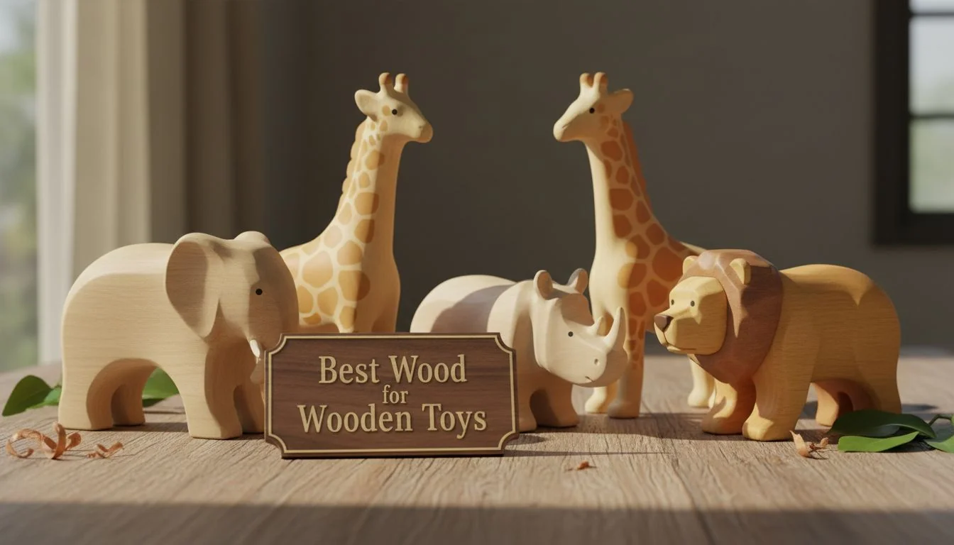 Best Wood for Wooden Toys A collection of beautifully crafted wooden toy animals made from different types of light-colored wood.