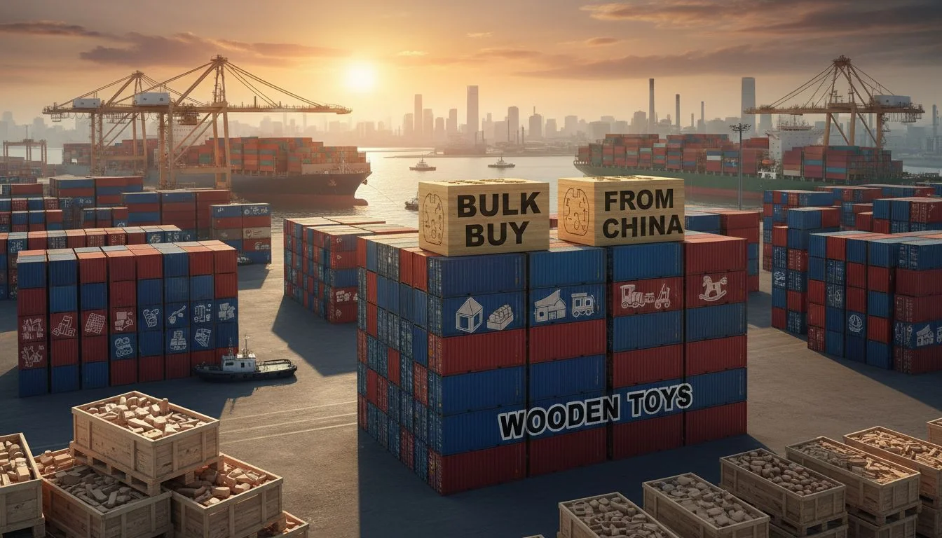 Bulk Buying Wooden Toys from China Shipping containers at a port, symbolizing bulk buying from China