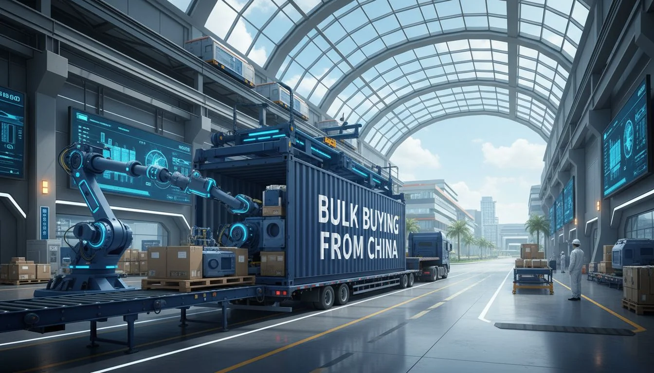 Bulk Buying from China A shipping container being loaded at a modern factory in China.