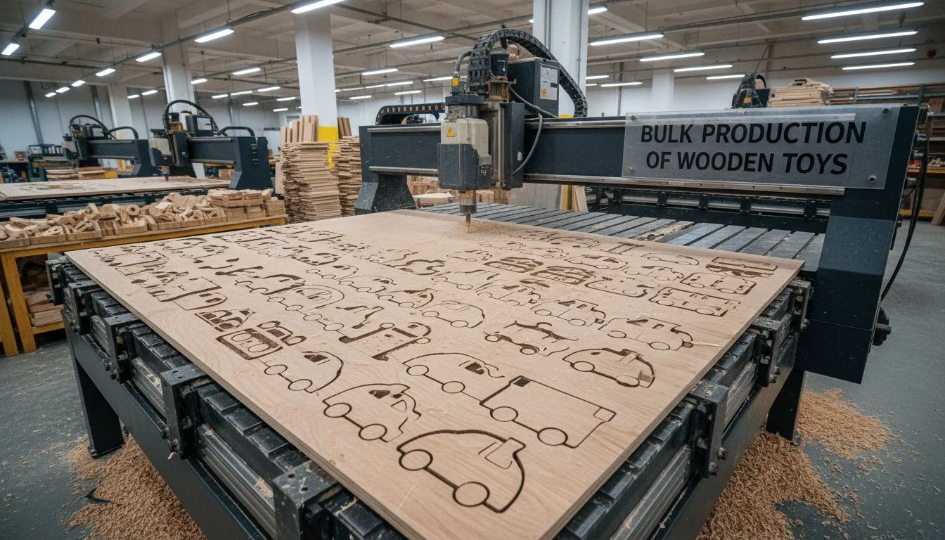 Bulk Production of Wooden Toys A CNC machine precisely cutting multiple toy components from a large sheet of birch plywood.