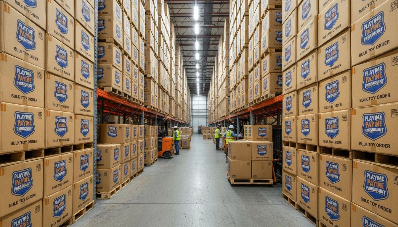 Bulk Toy Order in Warehouse Warehouse aisle stacked high with boxes labeled with a toy brand's logo