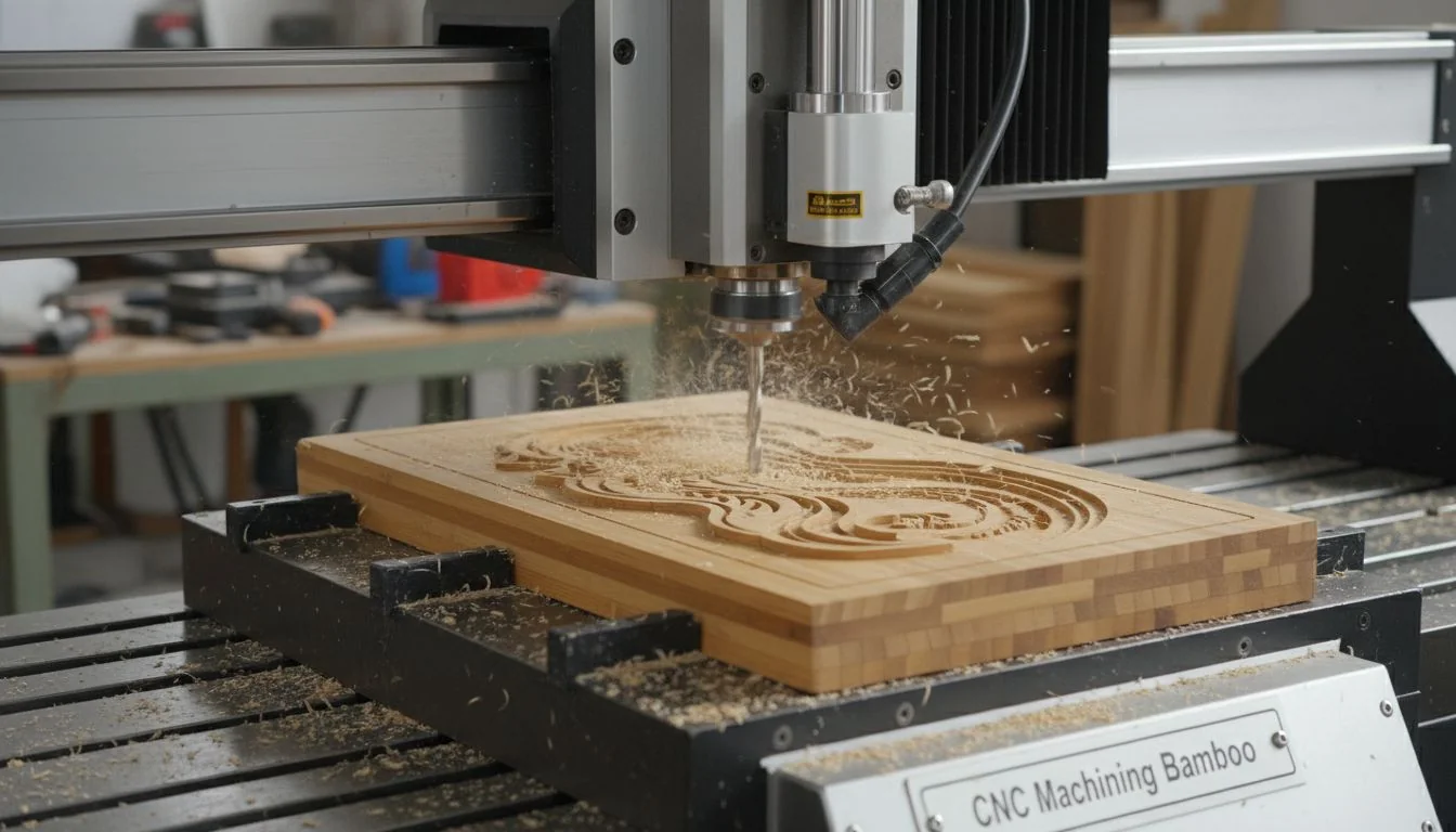 Close-up of a CNC machine carving a piece of bamboo.