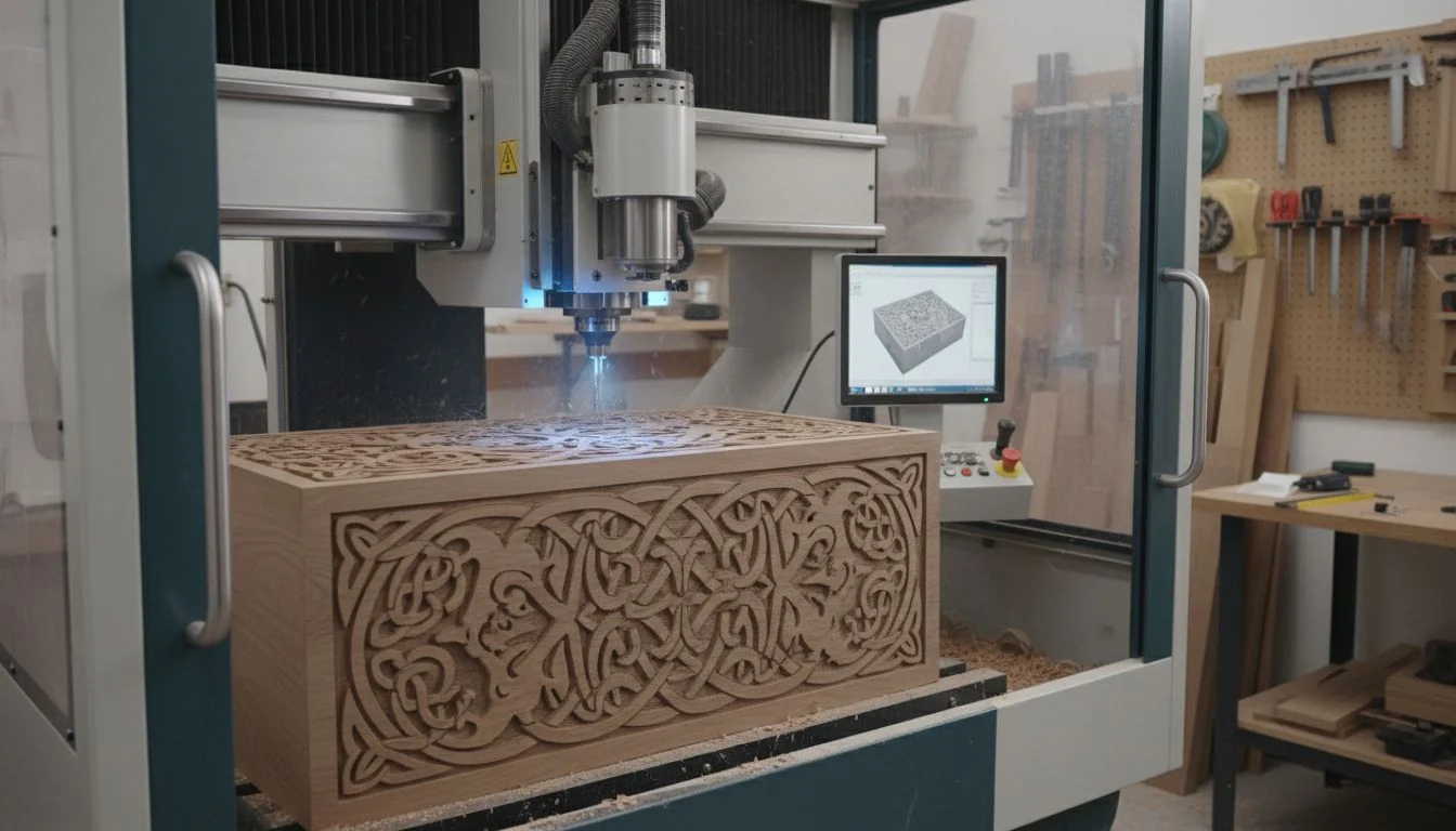 CNC Machining Wood A CNC machine carving an intricate design into a block of wood.