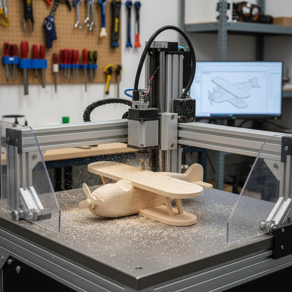 A CNC machine carving a piece of wood into a toy shape.