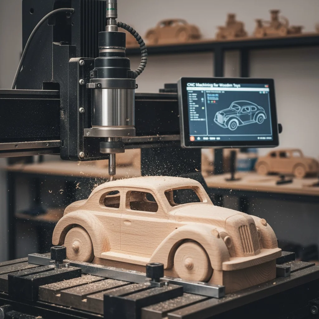 Close-up of a CNC machine carving a wooden toy car body from a block of beech wood.