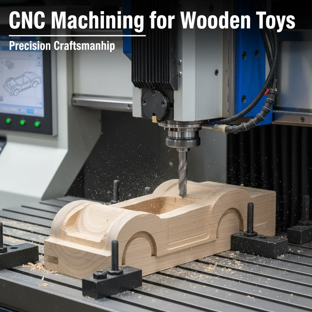 Close-up shot of a CNC machine carving a piece of wood for a toy.