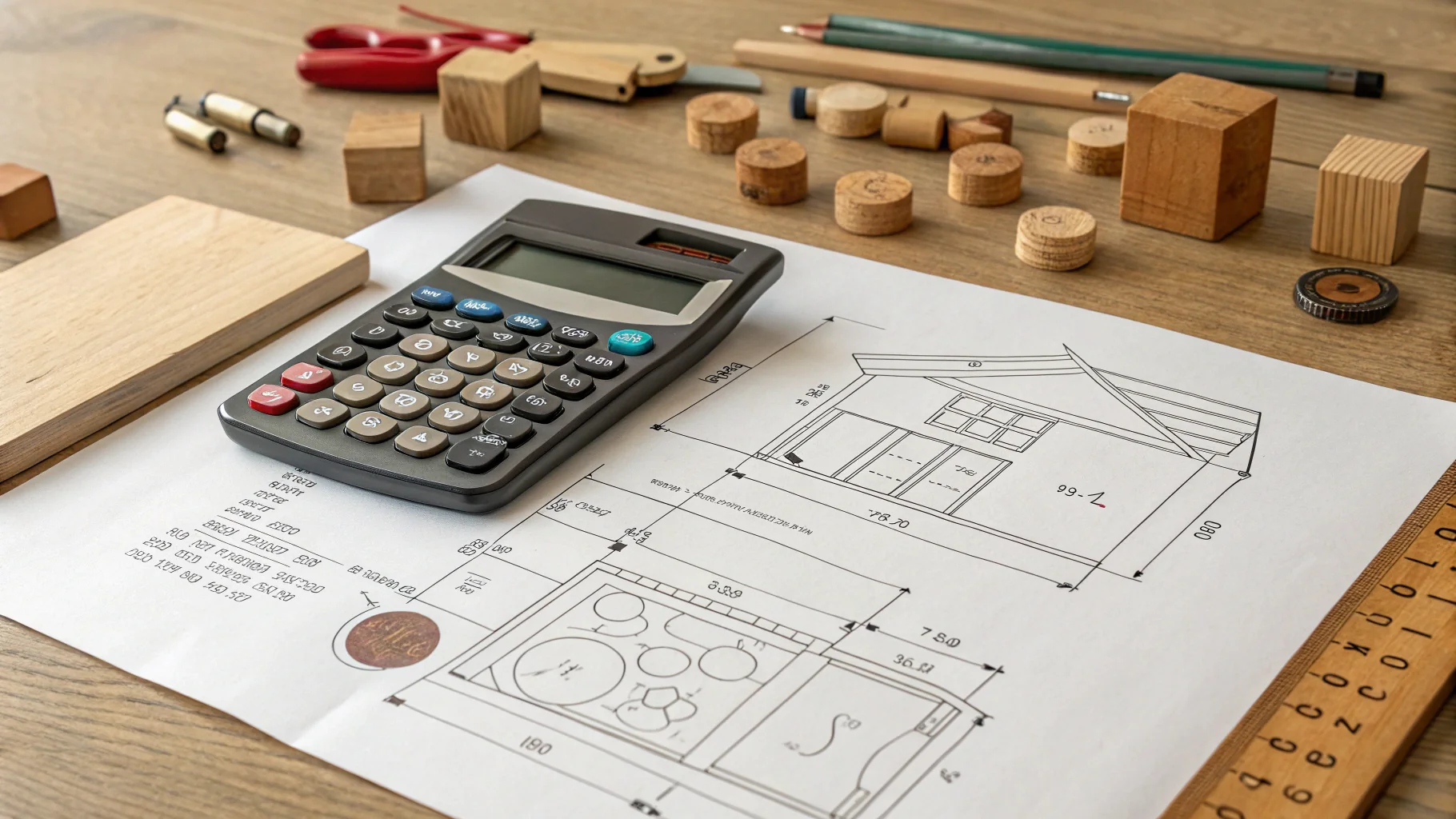 A calculator and wooden toy parts on a desk with a design blueprint