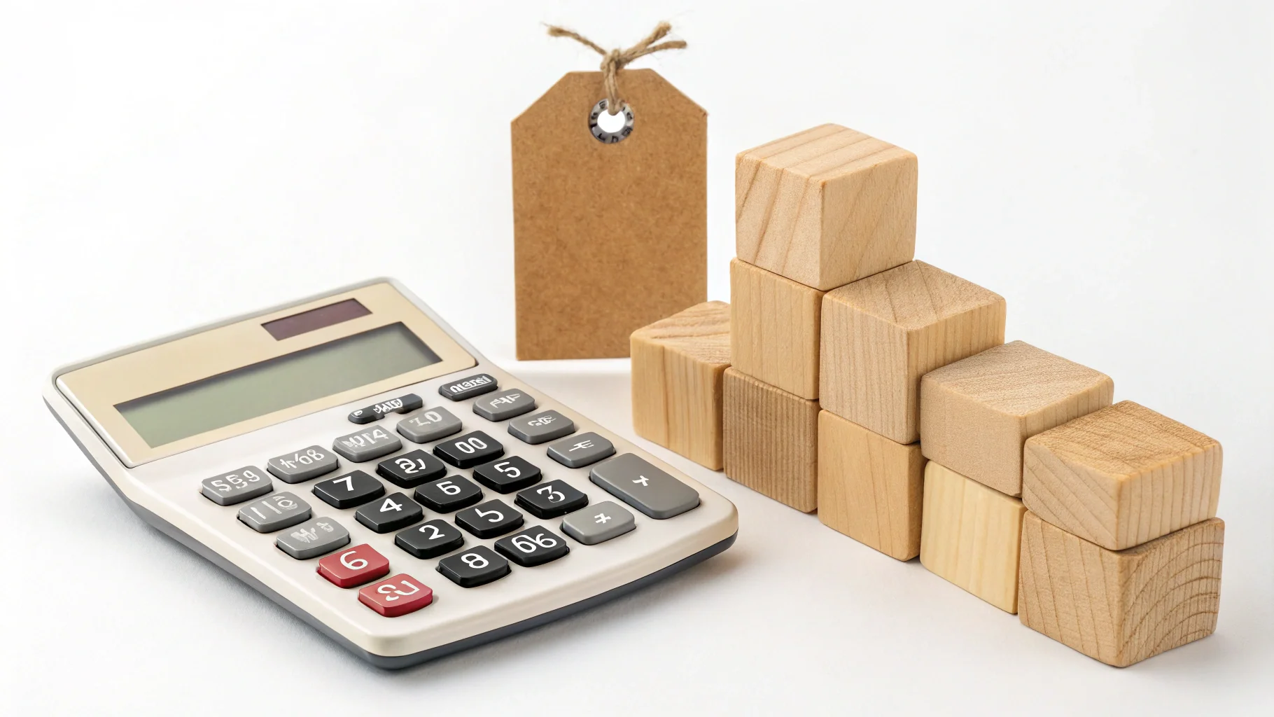 A calculator next to stacks of wooden toy blocks and a price tag to illustrate cost calculation