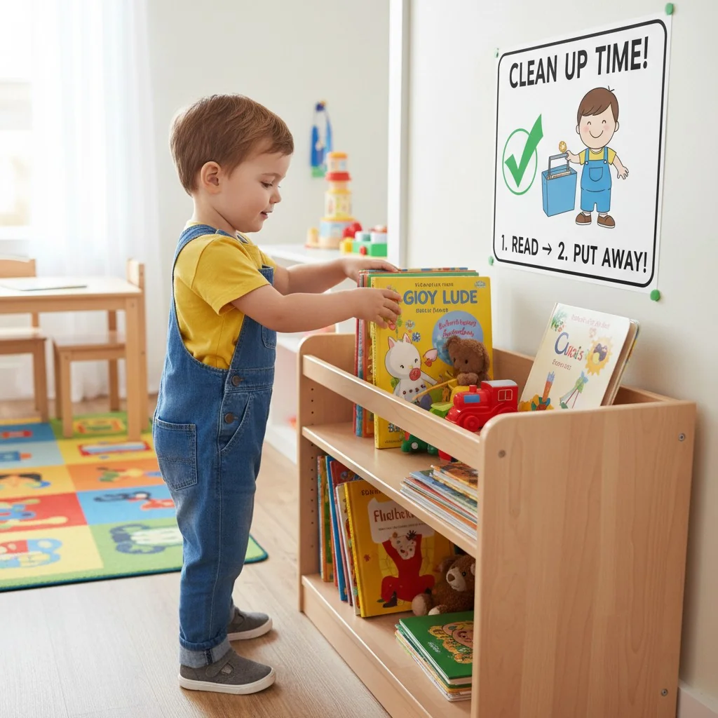 A child putting a book on a shelf, following a clear instruction.