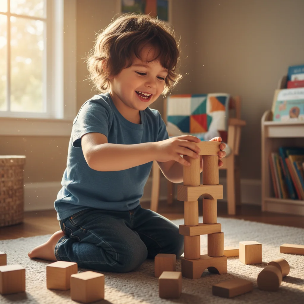A child happily playing with a set of simple wooden blocks, building a tower.