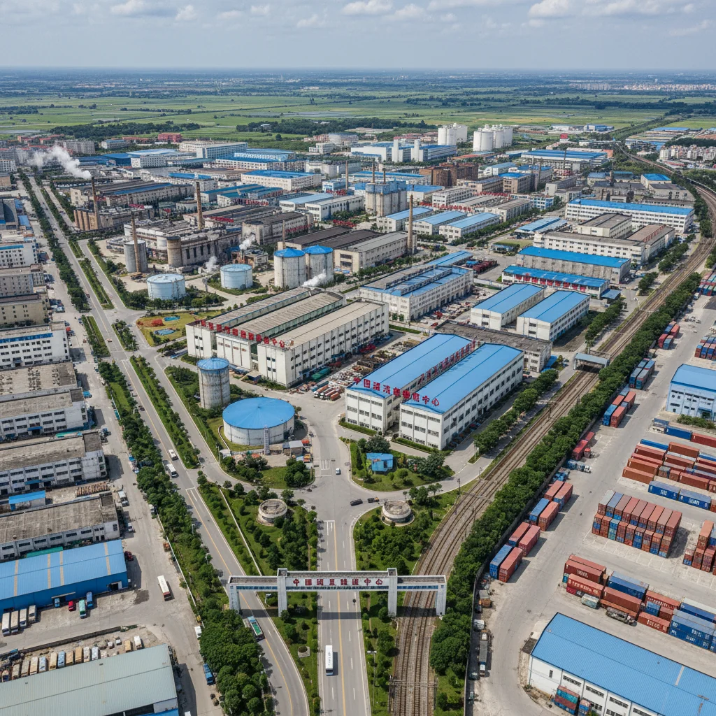 An aerial view of a dense industrial park with factory buildings.