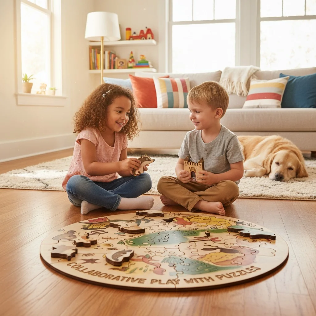 Two children working together on a large wooden floor puzzle in their living room.
