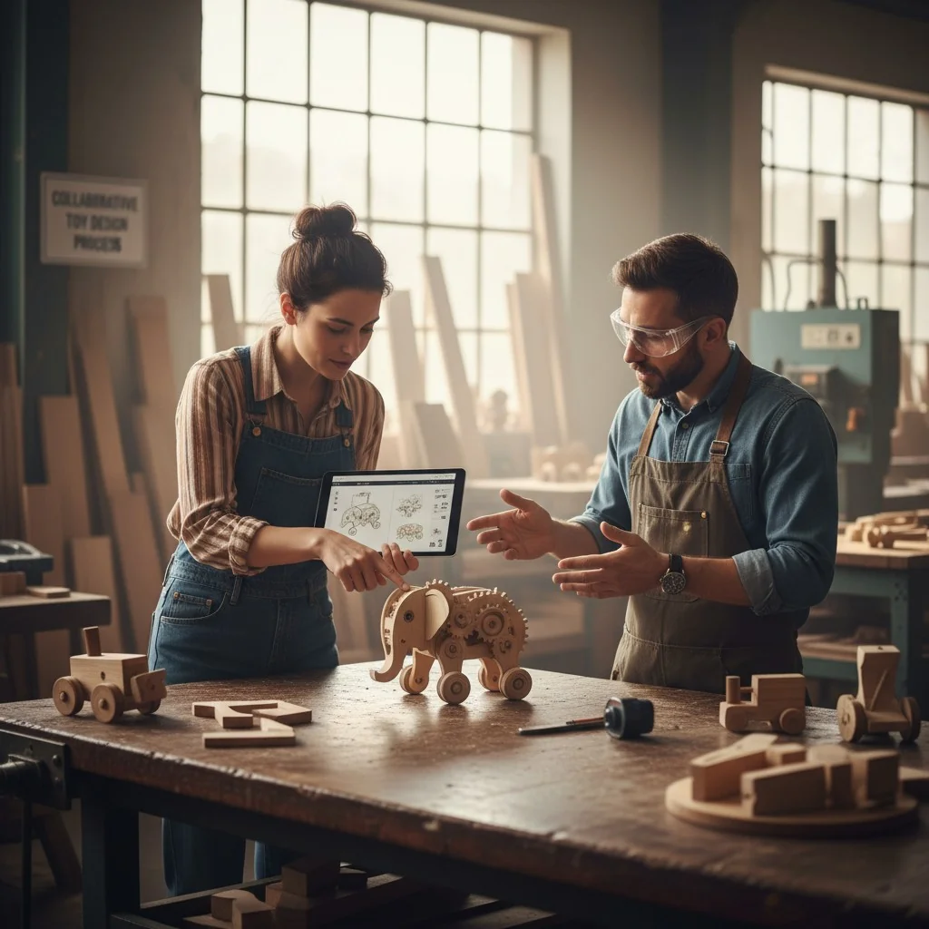 A designer and a factory manager discussing a wooden toy prototype