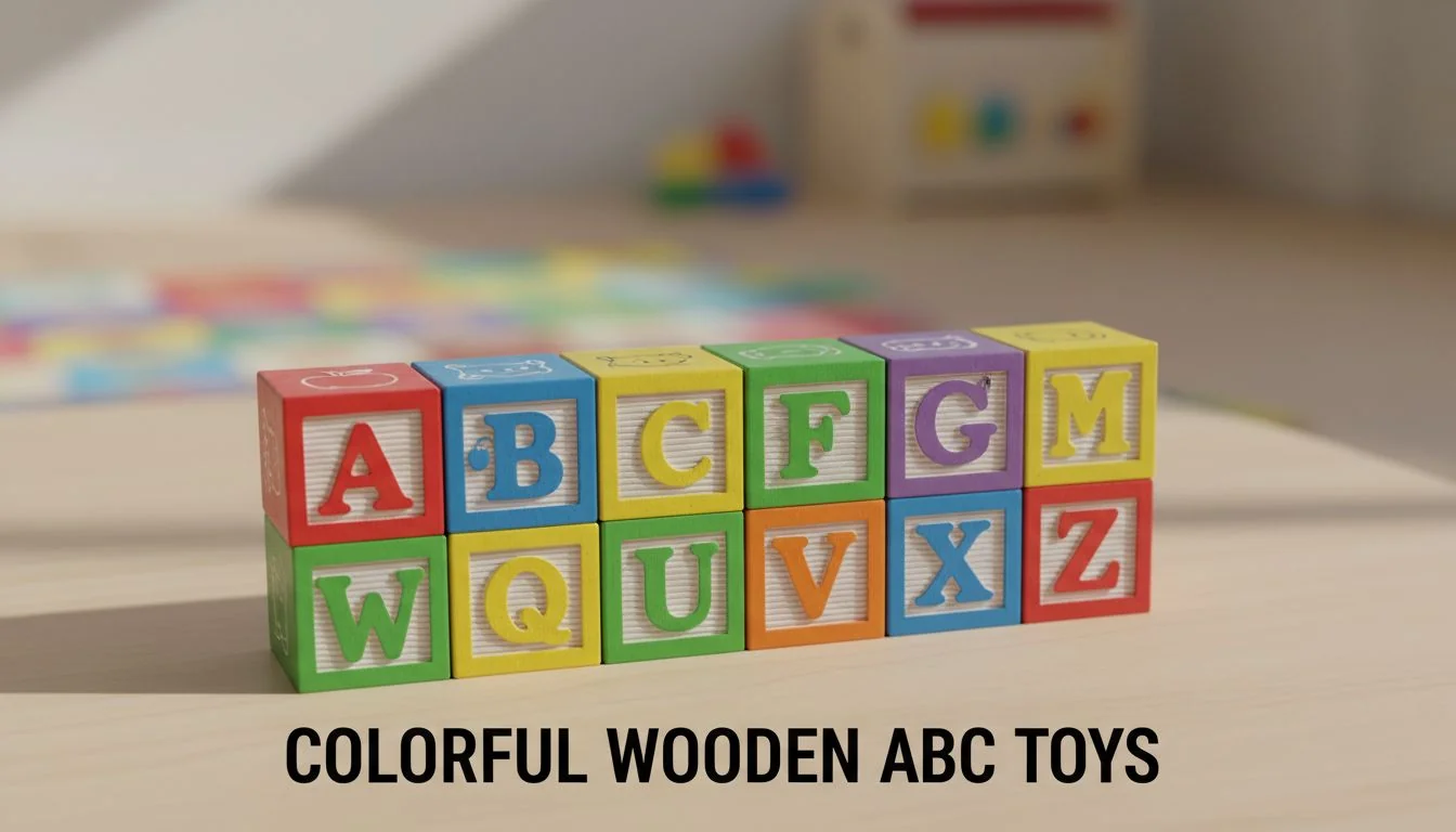 Colorful Wooden Alphabet Toys A set of colorful wooden alphabet blocks arranged neatly