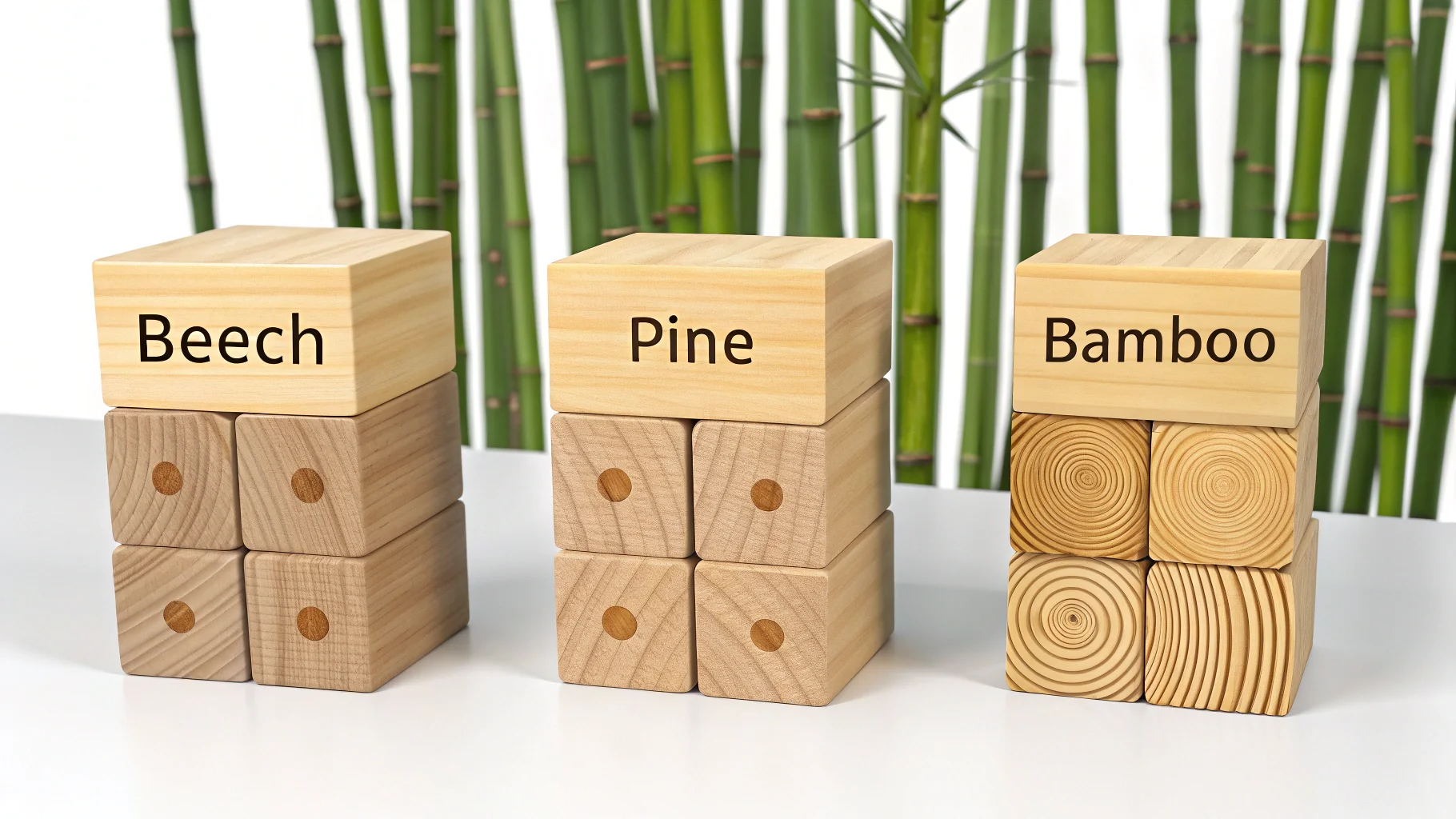 Various blocks of wood labeled with their types like Beech, Pine, and Bamboo