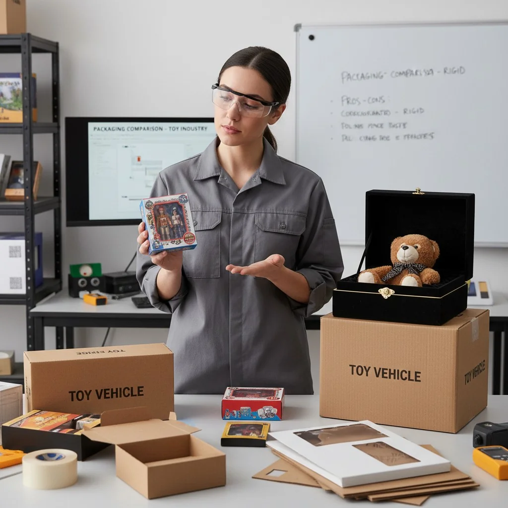 An engineer comparing a folding carton, a corrugated box, and a rigid box.