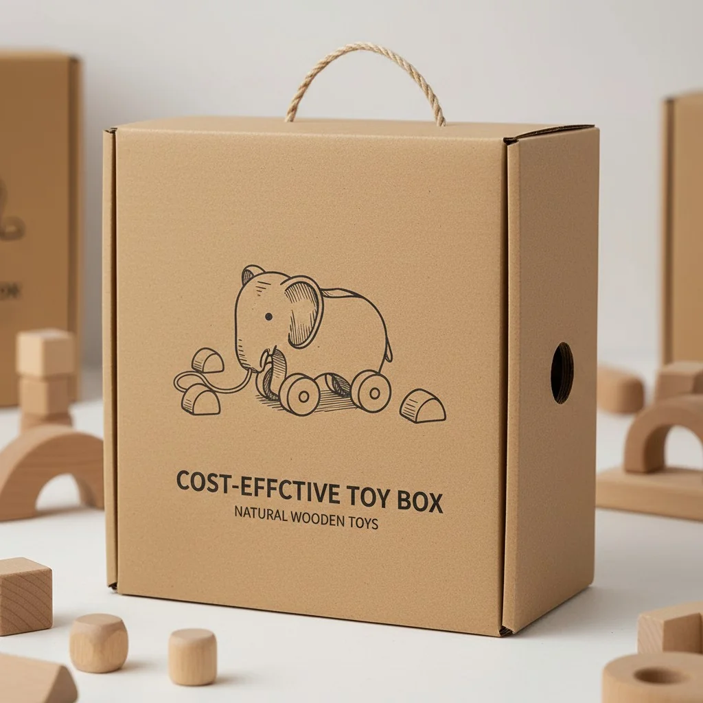 Close-up shot of a simple, elegant cardboard box for a wooden toy.
