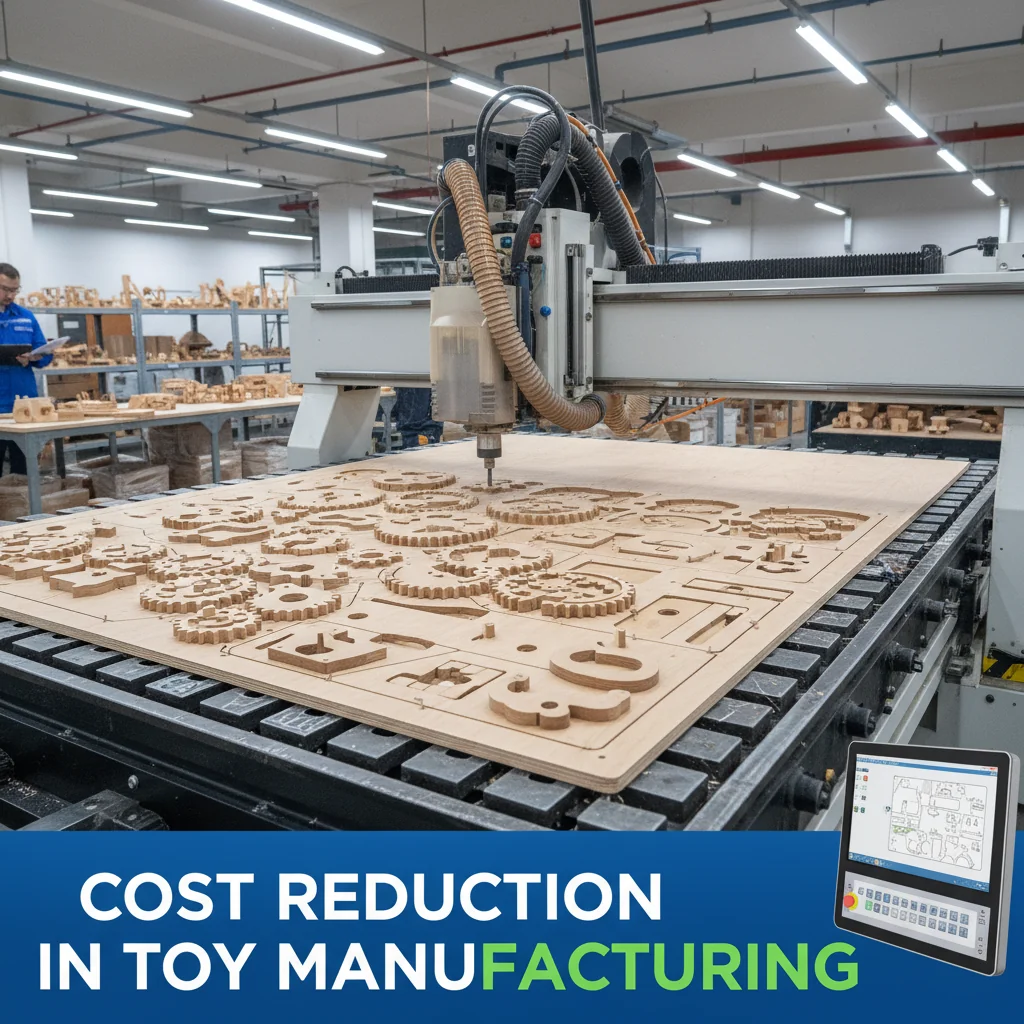 A CNC machine efficiently cutting multiple toy parts from a single sheet of wood