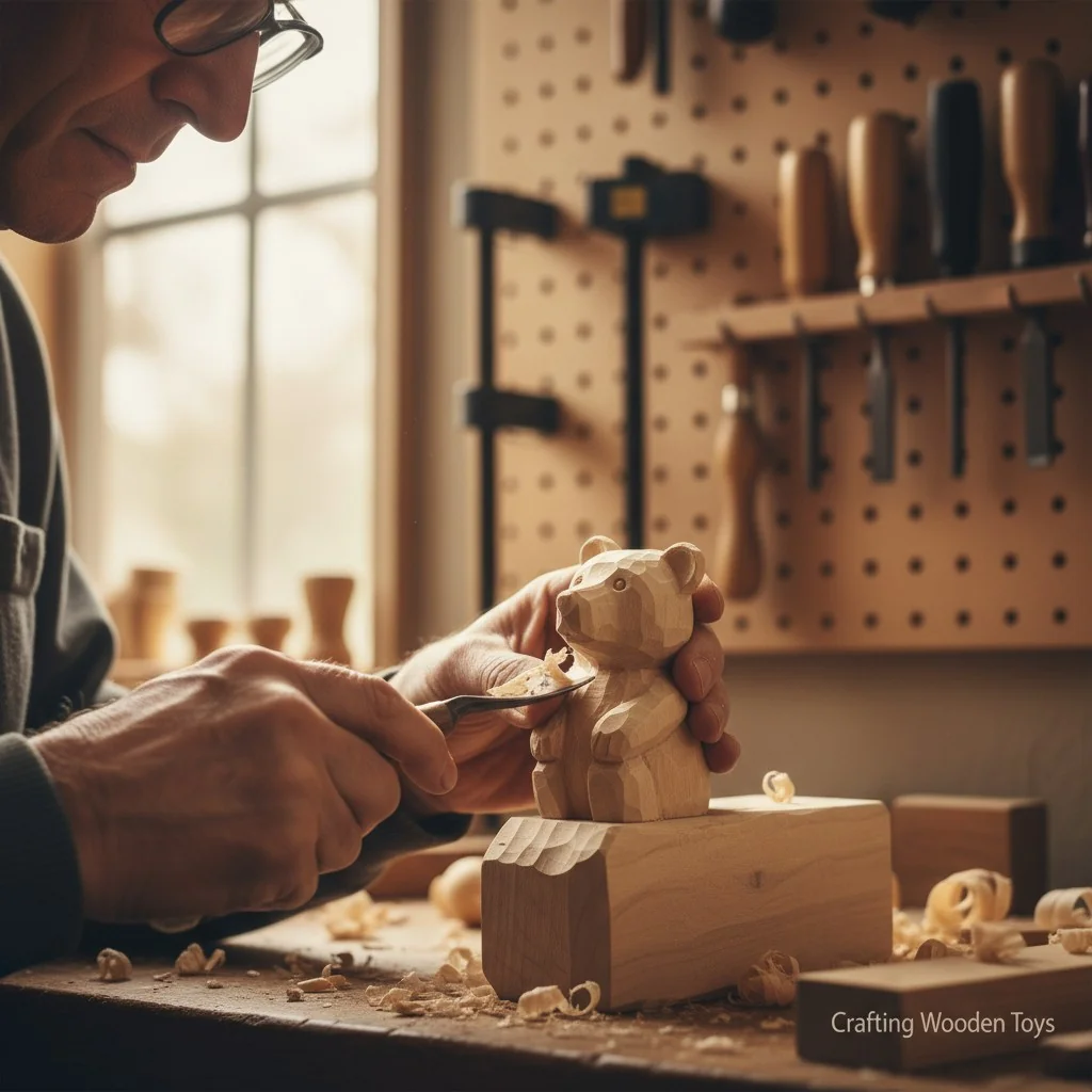 Close-up of a wooden toy being crafted by hand