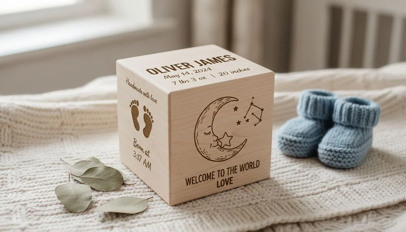 Custom Baby Birth Keepsake Block A custom wooden baby birth keepsake block with engraved details.