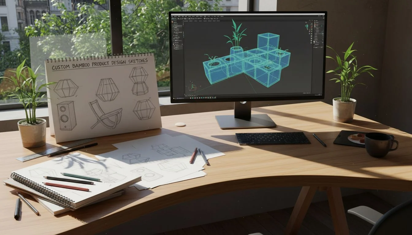A designer's desk showing CAD software with a 3D model of a bamboo product.