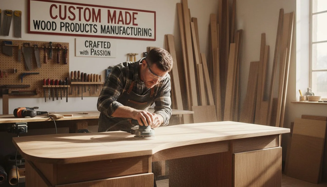 A skilled carpenter carefully sanding a custom-made wooden product in a workshop