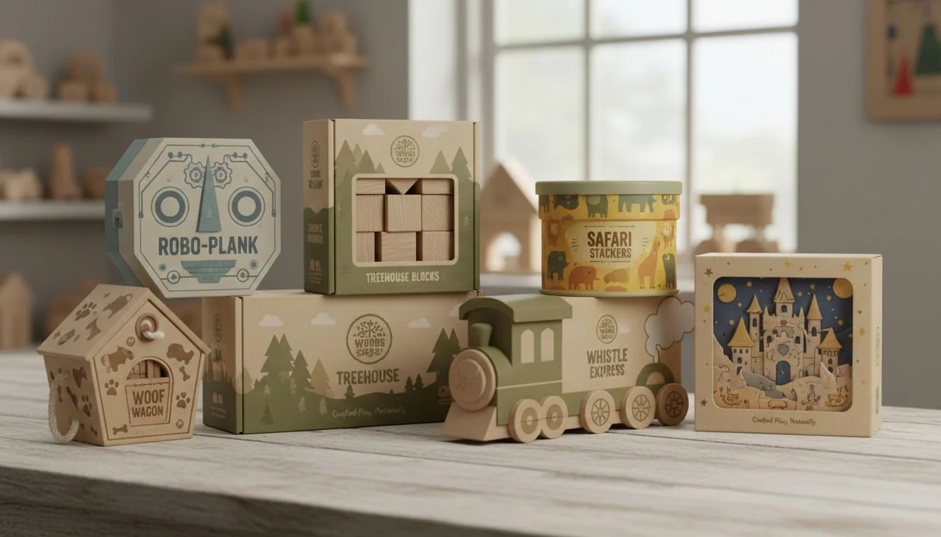 Custom Toy Packaging Design A collection of beautifully designed, branded boxes for different wooden toys.