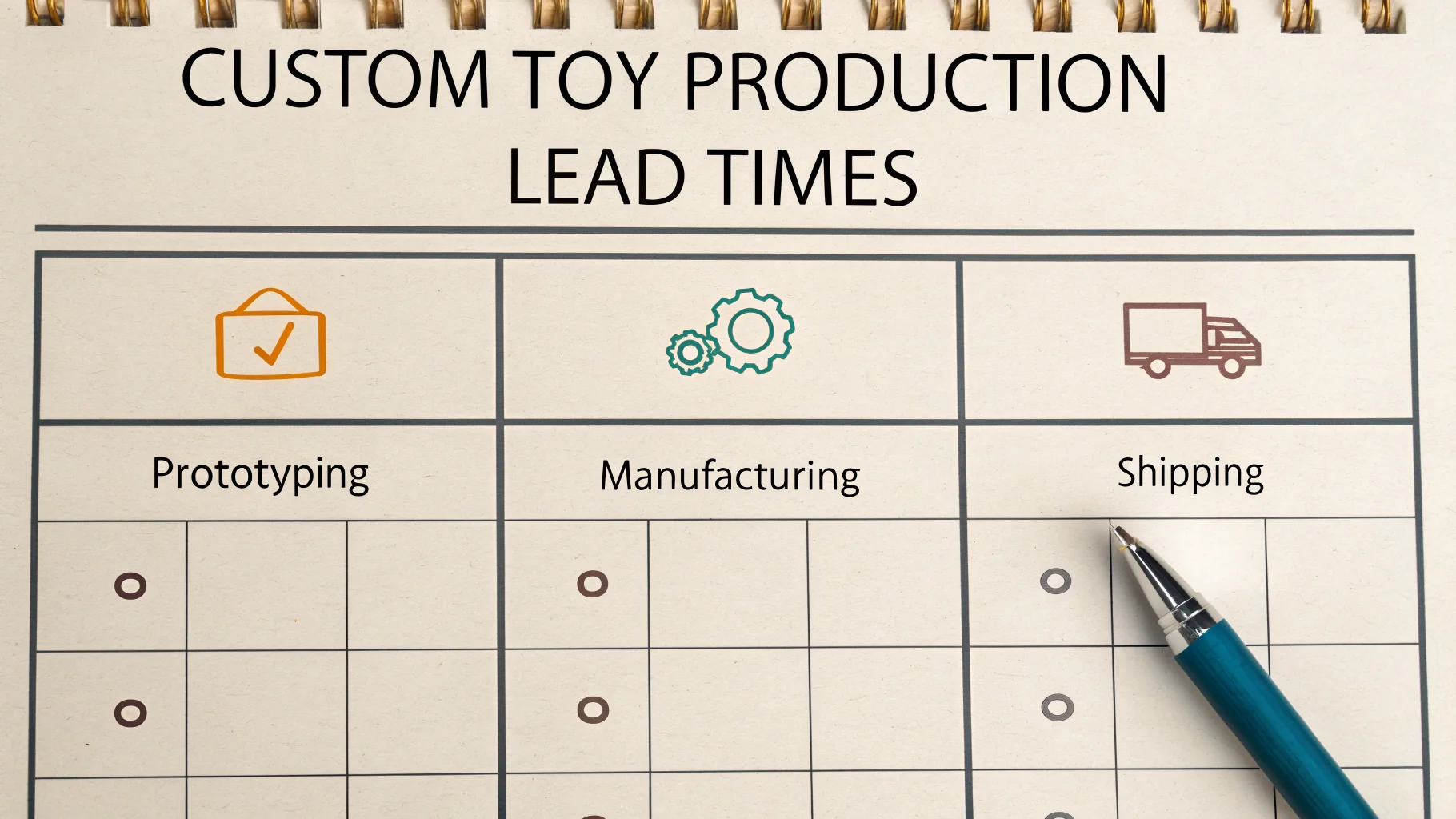 A calendar showing the different phases of custom toy production: prototyping, manufacturing, and shipping