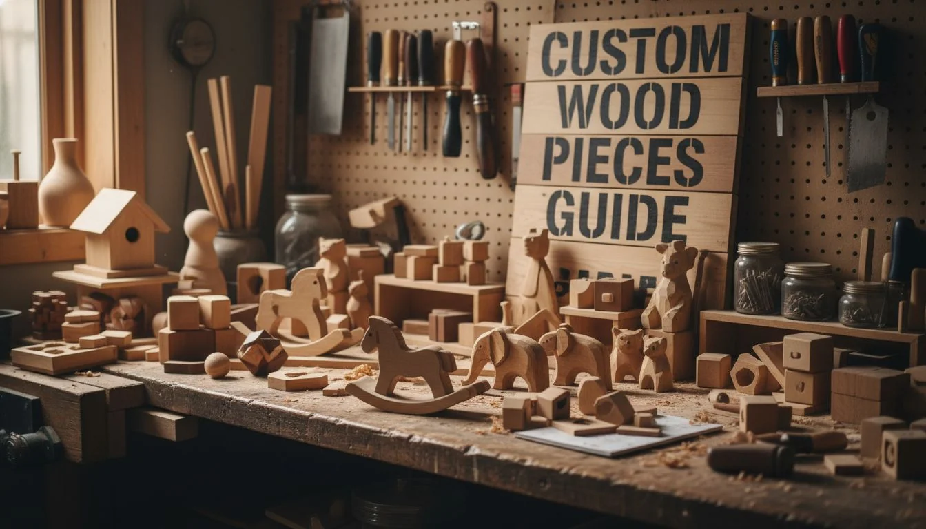 Custom Wood Pieces Guide A collection of custom-made wooden toys and decorative items on a workshop bench.