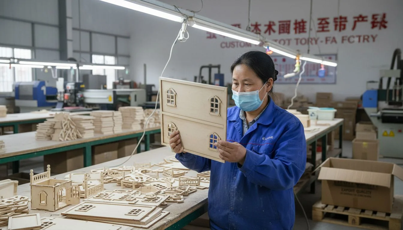 Custom Wood Toy Factory in China A factory worker in China inspecting a finished wooden dollhouse part for quality control.