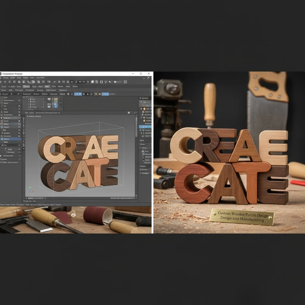 A custom wooden stackable letter puzzle being designed on a computer screen with a physical prototype next to it.