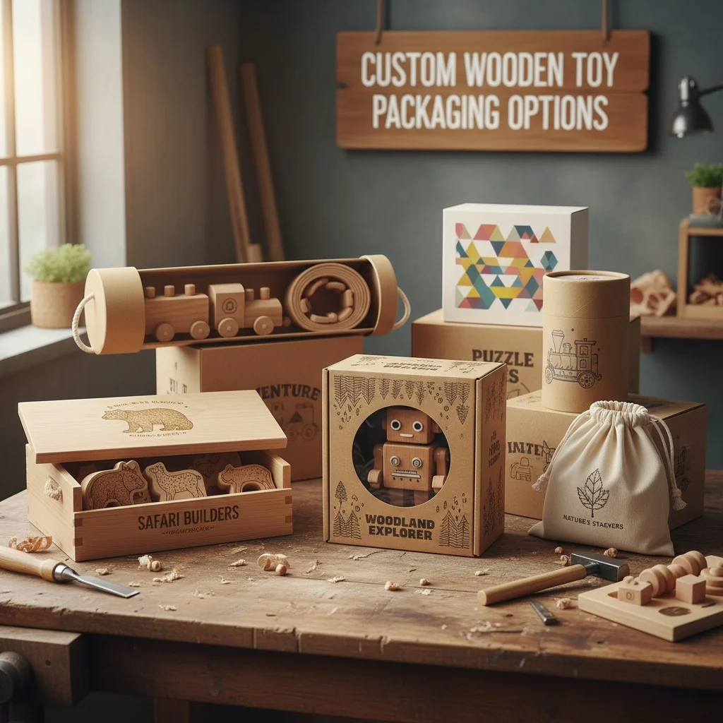 A collection of custom wooden toys in different types of packaging boxes on a workshop table.